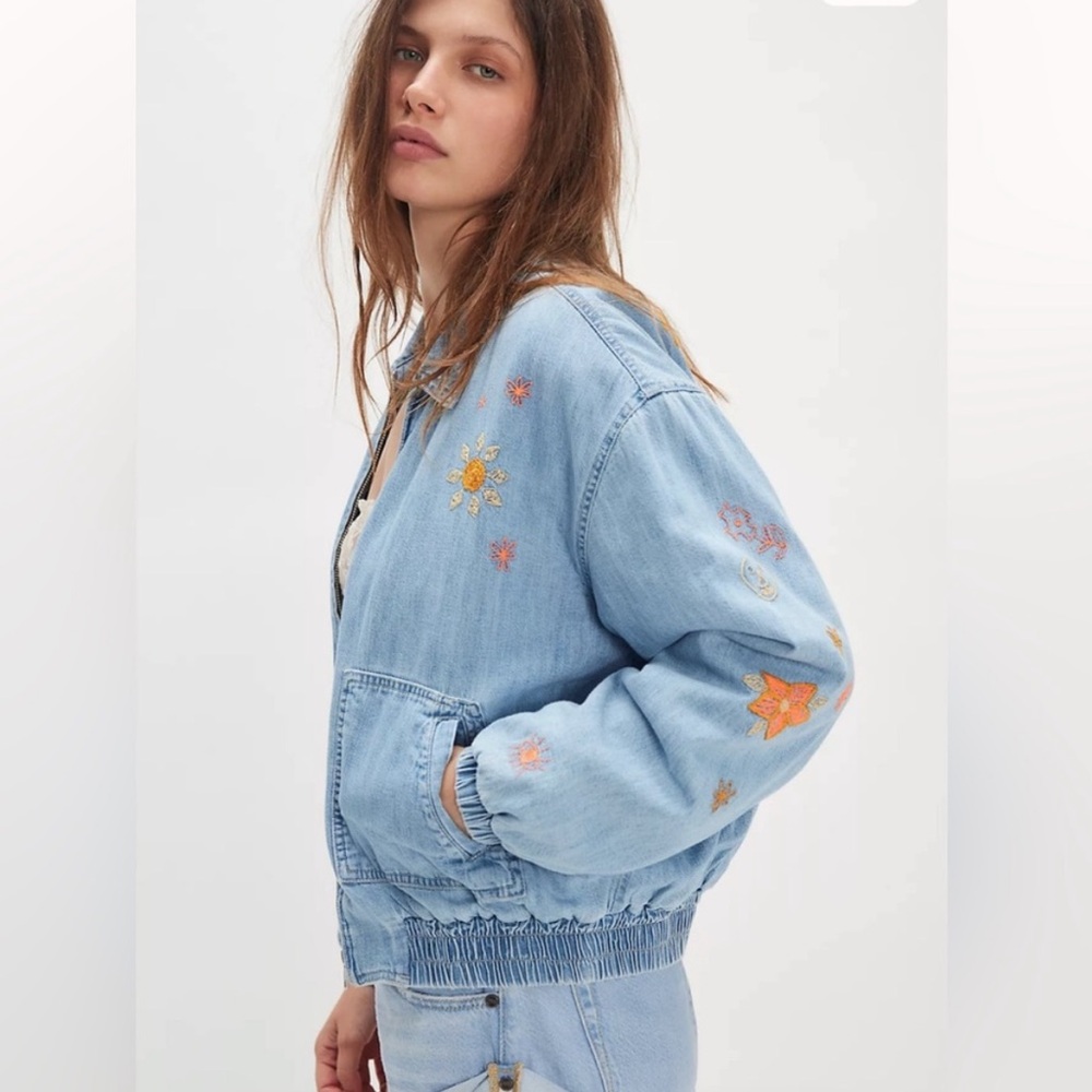 MOTHER denim embroidered zip up jacket